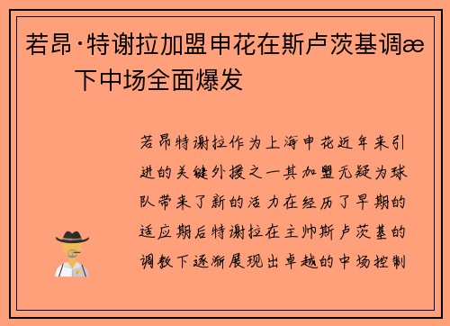 若昂·特谢拉加盟申花在斯卢茨基调教下中场全面爆发